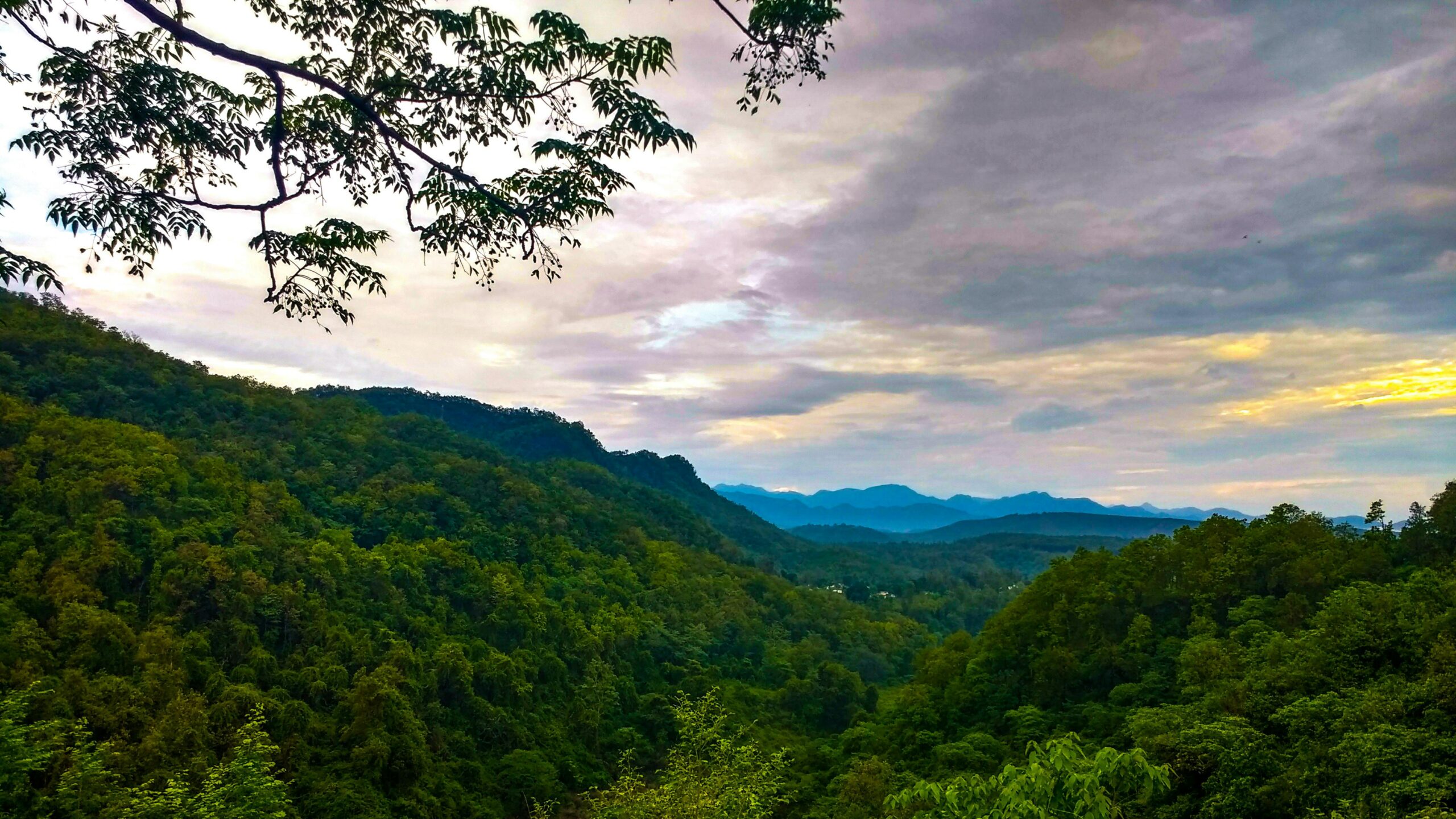 Stunning view of lush green mountains and forest under a vibrant sunset sky in Dehradun, India.